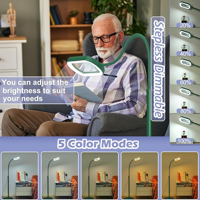 Drdefi 10X Rectangular Real Glass Magnifying Glass with Light and Stand, 24" Flexible Gooseneck Floor Lamp, 5 Color Modes Stepless Dimmable, 3-in-1 Lighted Magnifier Light Hands Free for Reading Green
