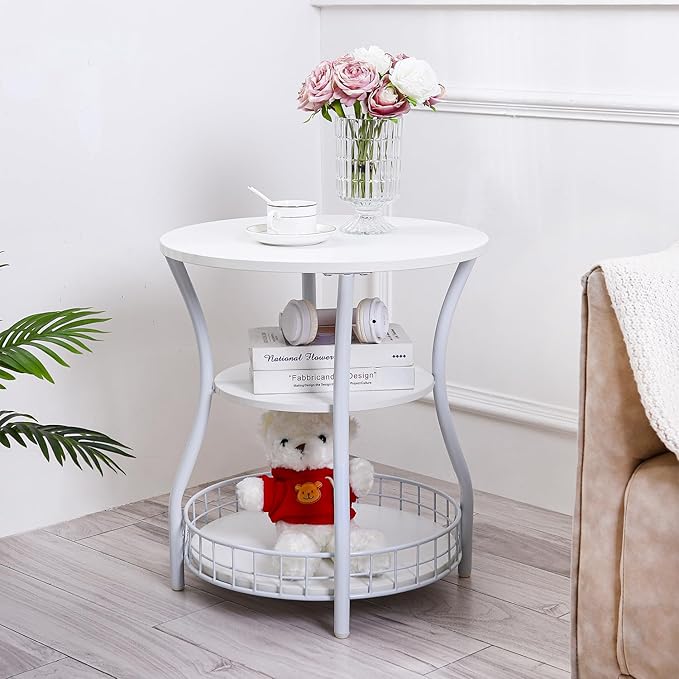 Round Side Table, 3-Tier End Table with Storage Shelf,White Accent Sofa Table for Small Spaces,Corner Round Coffee Table for Living Room, Bedroom,19.6 inch Diameter