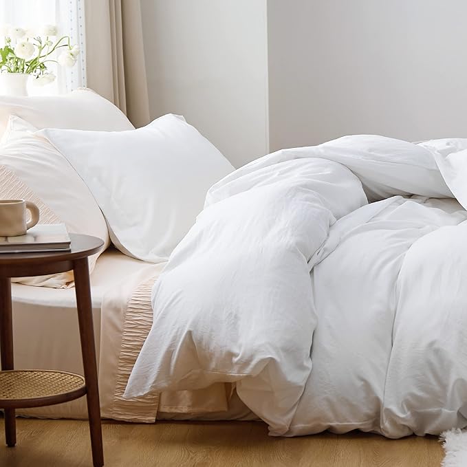 Bedsure White Duvet Cover Queen Size - 3 Pieces Prewashed Cotton-Like Extra Soft Bedding Set, Includes 1 Duvet Cover 90x90 Inches with Zipper Closure & 2 Pillow Shams, Comforter Not Included
