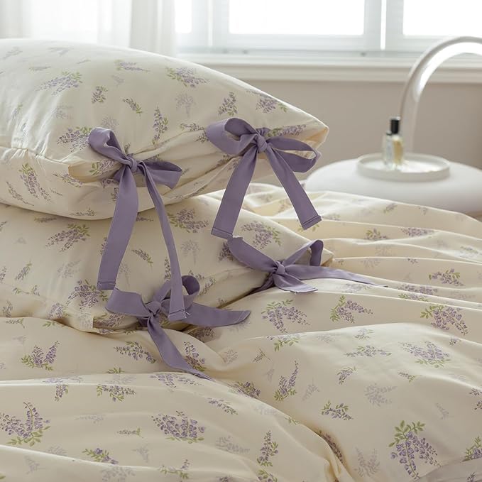 Purple Floral Duvet Cover Queen 3 Piece Cotton Flower Botanical Duvet Cover Vintage Style Lilac Floral Comforter Cover Girls Cottagecore Bedding Sets 1 Queen Duvet Cover with 2 Bow Ties Pillowcases