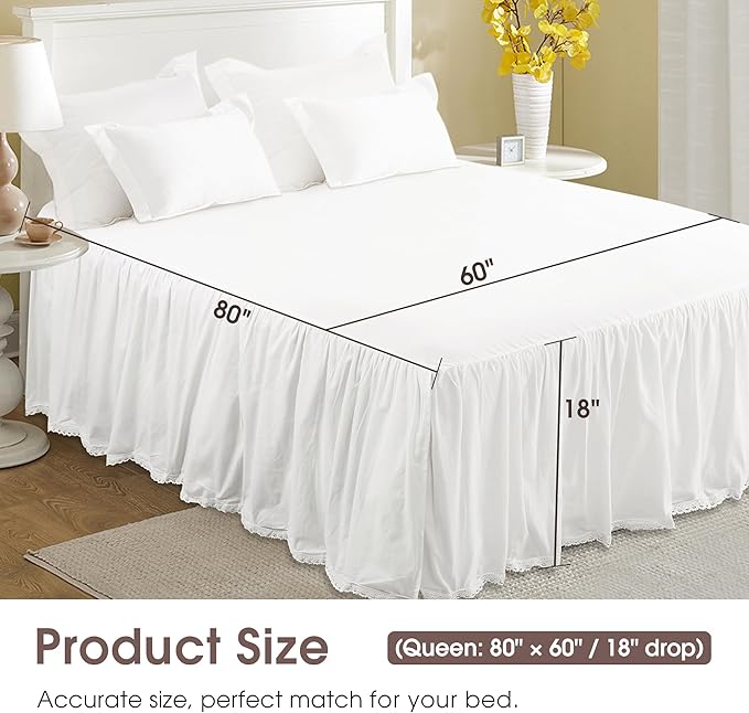 Vlocemon - Queen Size 18" Drop - White Lightweight Cotton Bed Skirt with Crochet Edge - Dust Ruffle Whth Split Corner - Soft, Elegant, Breathable Bedding Accessory