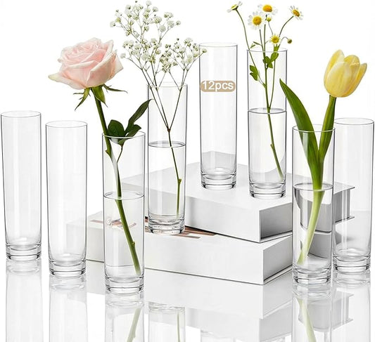 12 Pcs Acrylic Cylinder Bud Vases for Centerpieces, Acrylic Tall Flower Vase Clear Small Vases Bulk for Single Rose Table Centerpiece Wedding Home Decor Indoor Desk Office Party Decorations