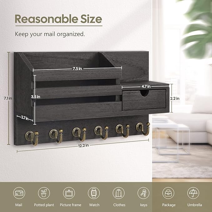 FifthQuarter Key and Mail Holder for Wall, Mail Organizer Wall Mount with 6 Hooks and Storage Drawer, Easy Installation Key Rack for Entryway and Home Decor (A-Black)