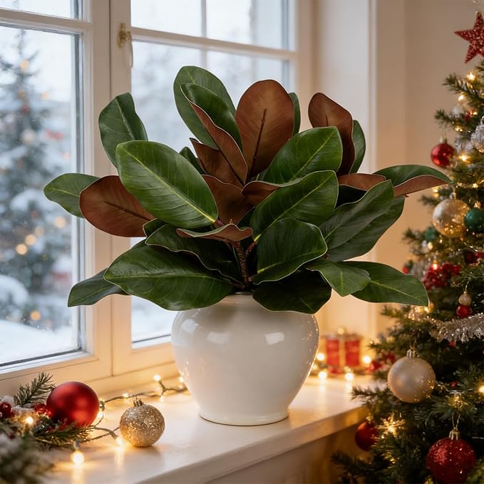 4PCS 17.7 Inch Magnolia Artificial Leaves Branches 3D Real Touch 28 Leaves Bulk Faux Magnolia Stems for Indoor Outdoor Vase Filling Home Wedding Floral Arrangement Decoration