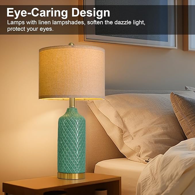 G-SAFAVA24.25 Modern Ceramic Green Table Lamps Set of 2 for Living Room, Farmhouse, Bedside, Bedroom, Side & End Tables Nightstand Light Home Office Desk Lamps Gifts