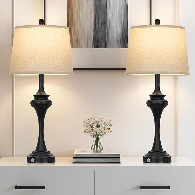 30" Black Tall Table Lamps for Living Room, Touch Control Bedside Lamp with USB A+C Ports, 3-Way Modern Bedroom Table Lamps Set of 2, Elegant Metal Lamp for Nightstand Desk Side Table Office