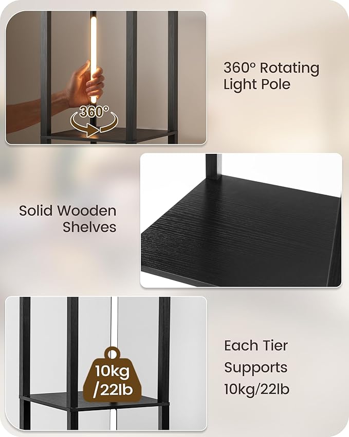 GOEBLESON 64.2" Display Shelf with Light, Modern Corner Floor Lampe with Shelves, LED Dimmable Standing Lamp with Remote for Living Room, Bedroom, Office, Adjustable CCT, Black Square B51LD05