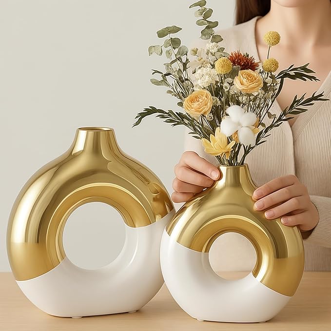 White and Gold Vase Decor Donut Vase Set of 2 - Circle Hollow Vases, Modern Matte Ceramic Vases for Entryway Living Room Bedroom Dining Table Centerpiece Office Home Decor