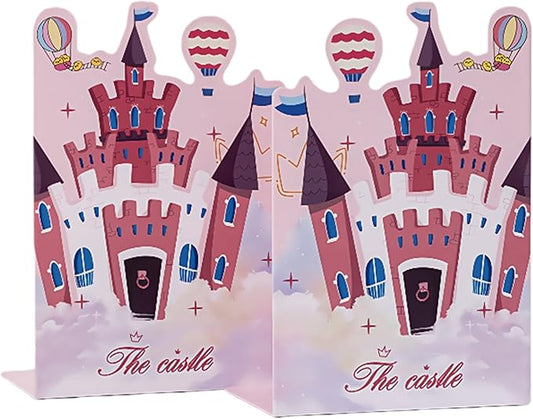 2 Pack Metal Bookends,Non-Slip Castle-Shaped with Baloon Cartoon Book Stopper,5.3"x3.9"x8"Heavy Duty Premium Decorative Book End, Supports for Kids Children Shelves,School,Room,Office,Learning Gifts