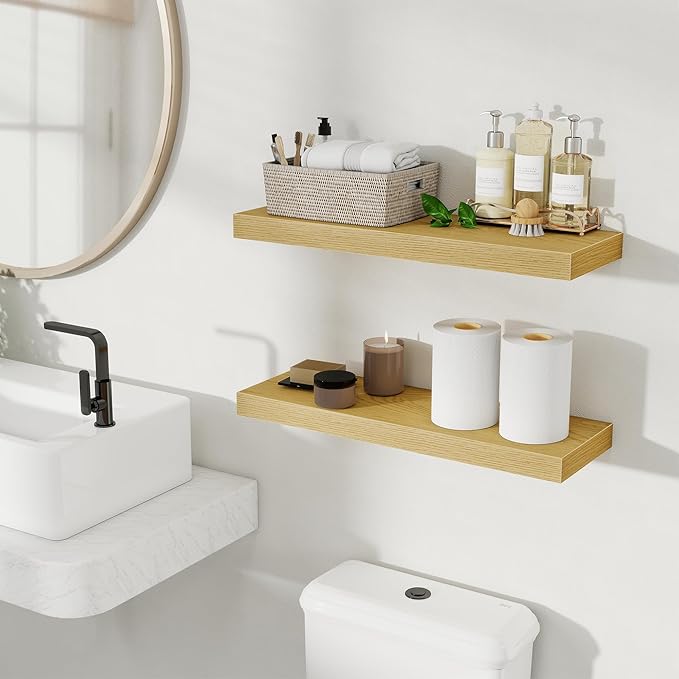 Fun Memories Rustic Wood Floating Shelves for Wall, Space-Saving Wall Mounted Shelves for Bathroom, Bedroom, Living Room and Kitchen, Stylish Storage & Display (Set of 2, Oak, 24 in)