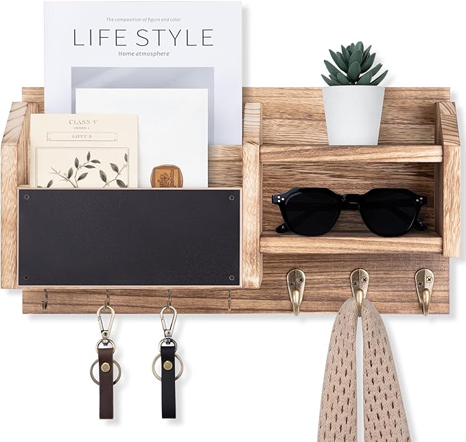 Mail and Key Holder – Wall Mount Key Hanger with Shelf and 7 Metal Hooks – Decorative Natural Paulownia Wood Entryway Organizer with Mounting Hardware (16.5”W x 8.7”H x 3.5”D) (Wood)