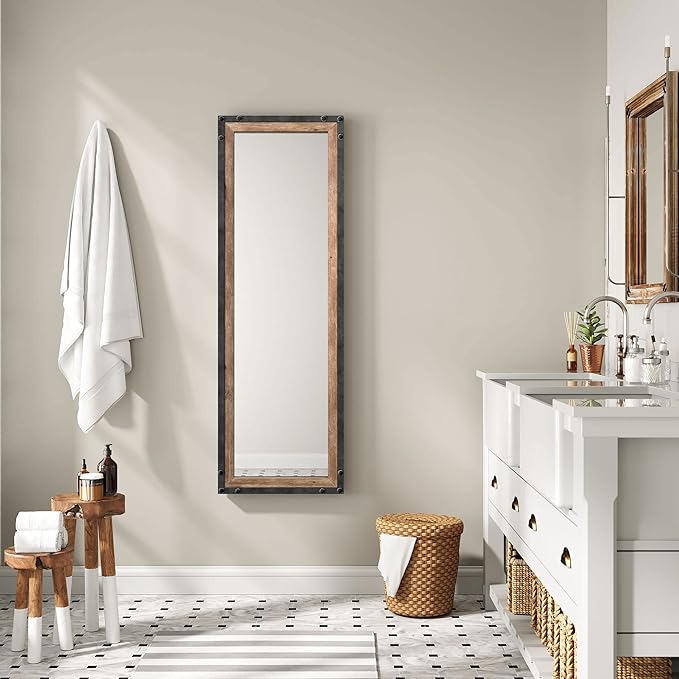 Barnyard Designs 16x48 Leaner Floor Mirror Full Length, Large Rustic Free Standing Leaning Hanging Wood and Metal Long Full Size Farmhouse Wall Mirror for Bedroom Living Room, Brown