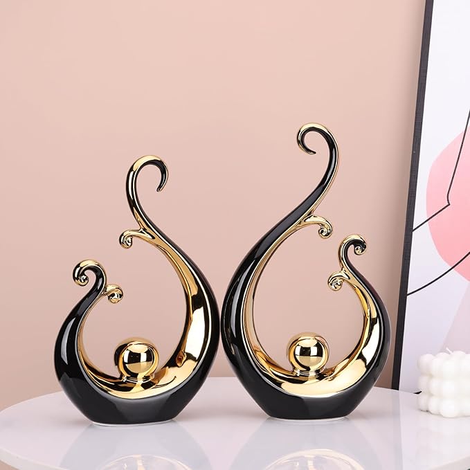 DOVDOV Abstract Ceramic Black Statue 2 Piece Set, Modern Art Black Gold Home Decor, Unique Home Decor, Coffee Table Bookshelf Room Shelf Coffee Table Console TV Stand Decor and Accessories.