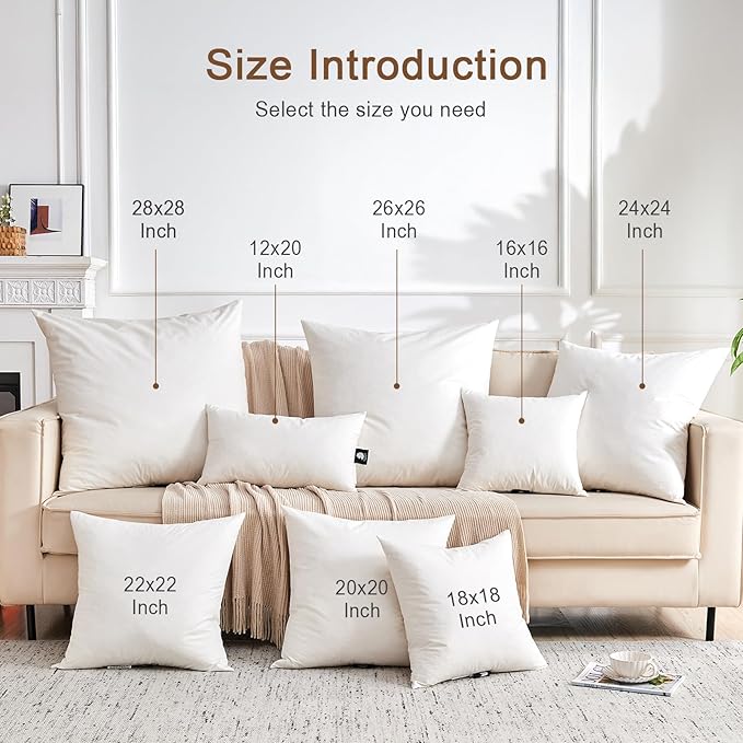 KUSNUG Organic Feather Down Throw Pillow Inserts (26x26 Inch, Set of 2) - 100% Cotton Shell, Filling of Feathers & Memory Foam, Euro Square Decorative Pillow Form Core for Couch, Sofa, and Bed