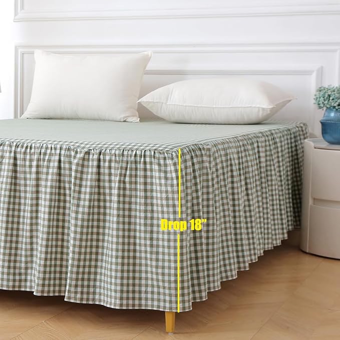 Silnuo Sage Green Plaid Bed Skirt Washed Cotton Shabby Gingham Checkered Dust Ruffle King Size 18" Bedding(1 Bed Skirt Only)