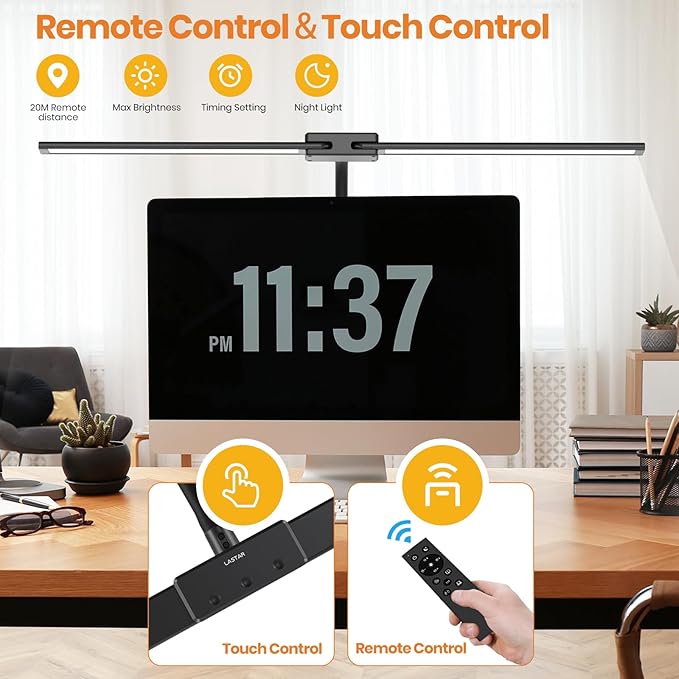 LASTAR Desk Lamp with Remote Control ＆ 32.5" Wide Double Head, Architect Desk Lamp for Home Office with Clamp, Timer, 24W Ultra Bright LED Desk lamp for Computer Reading