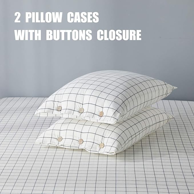 JELLYMONI Cotton Duvet Cover Queen Size - White Grid Plaid Comforter Cover with Button 100% Washed Cotton 3PCS Breathable Soft Bedding Set Duvet Cover 90×90in & 2 Pillowcases (NO Comforter)