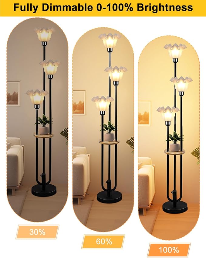ACOHOOK Flower Floor Lamp for Living Room, Dimmable Vintage Floor Lamp with Shelf &3 LED Bulbs, 3 Light 3000K Soft Warmwhite Mid Century Black Standing Lamp, Floral Tall Lamp for Bedroom Office