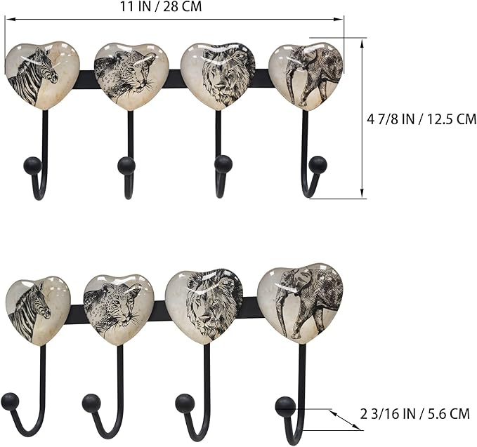 Coat Rack Wall Mounted with 4 Hook, Heart Glass Finishes Animal Pattern Elephant Lion Zebra Leopard Decorative Wall Hooks for Entryway Hanging Hat, Key, Towel, Purse and Bag - Metal