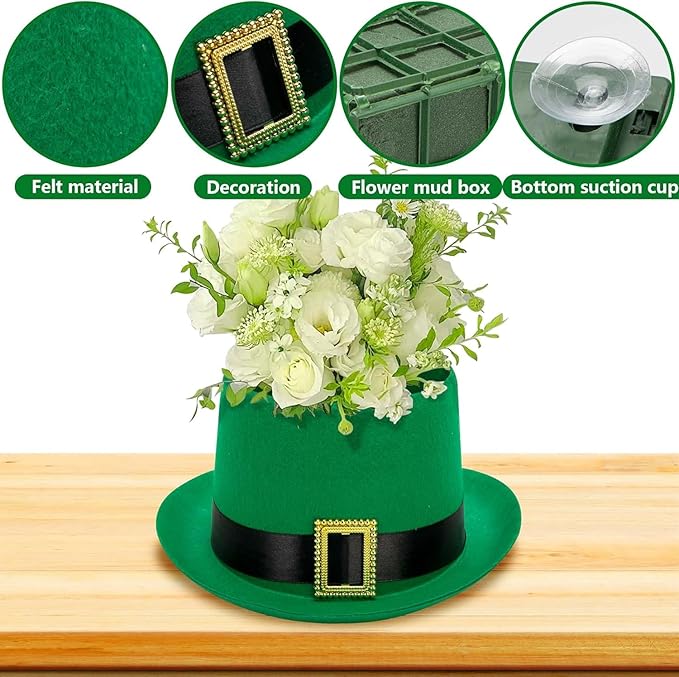 Watayo 4 Pack St. Patrick's Day Hat Flower Pot Set, Irish Green Top Hat Centerpiece with Flower Mud Box, DIY St. Patrick's Day Hat Plant Pots Flower Arrangement Container for Table Home Party Decor