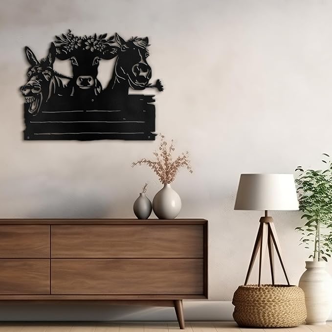 SIGNLEADER Metal Wall Art Decor Cute Cow and Horse Minimalist Modern Abstract Wall Sculpture Hangings Home Decoration for Living Room, Bedroom, Bathroom, Kitchen, Outdoor - 18" Black