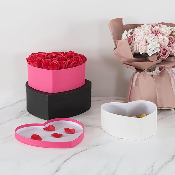 Soul & Lane Heart Shaped Gift Boxes: Set of 3 Empty Paper Mache Boxes with Lids for Flowers, Gifts, Chocolate Strawberries & Special Occasions, Cardboard White Heart Shaped Box for Arrangements