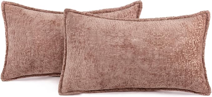 DEZENE Pack of 2 Pink Decorative Throw Pillow Covers 12x20 Cozy Soft Chenille Boho Accent Vintage Farmhouse Rectangular Lumbar Couch Pillow Covers for Home Decor Bed Sofa Living Room