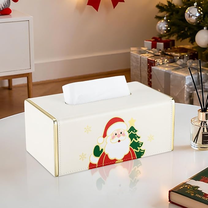 GORESE Christmas Tissue Box Cover for Kleenex, Rectangle Santa Print Tissue Box Holder, PU Leather Christmas Decorative Tissue Covers for Countertop, Xmas Gift for Women and Men