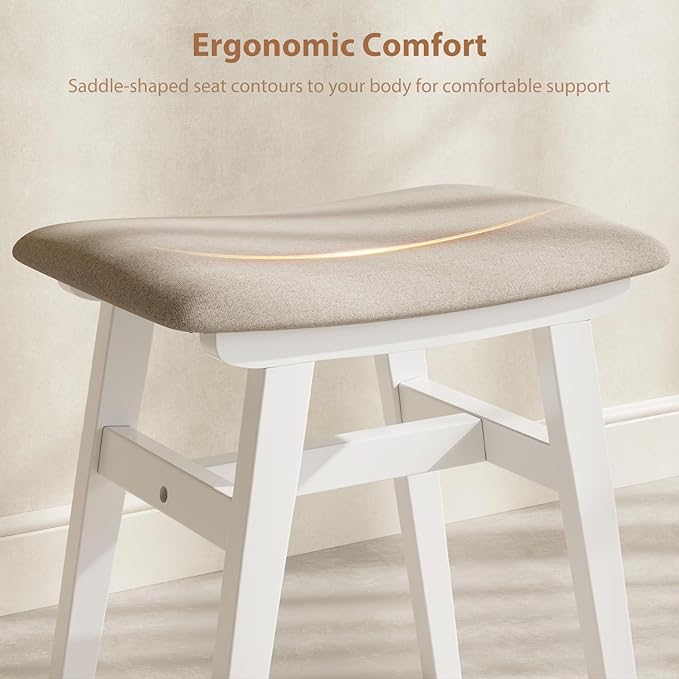 Solid Wood Vanity Stool, Compact Makeup Chair with Saddle Cushion, Linen-Covered High Rebound Sponge Seat, Easy Assembly Footstool for Bedroom, Entryway, Home, White