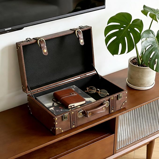Vintage Leather & Wood Storage Box – Compact Decorative Suitcase Chest with Classic Design, Perfect for Keepsakes, Travel, and Home Organization