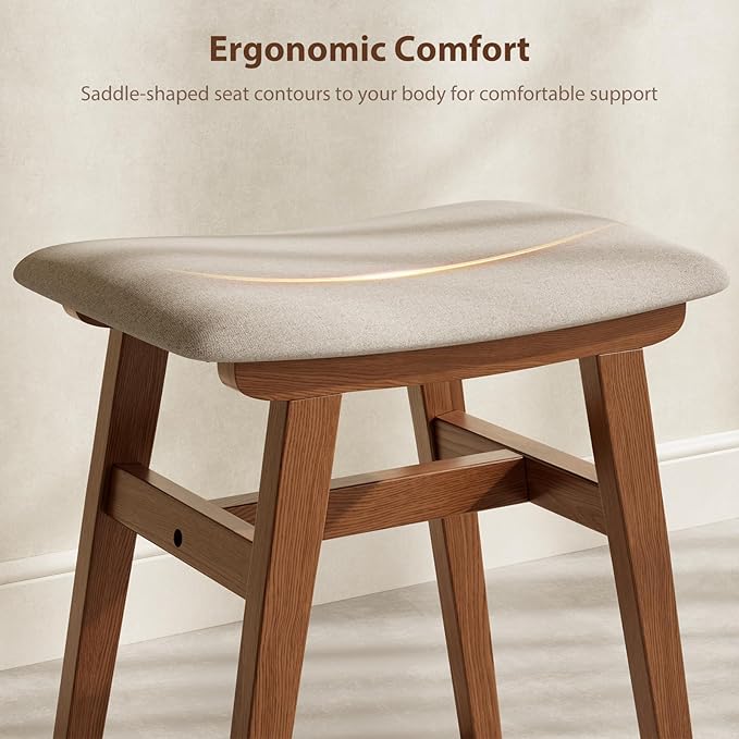 Solid Wood Vanity Stool, Compact Makeup Chair with Saddle Cushion, Linen-Covered High Rebound Sponge Seat, Easy Assembly Footstool for Bedroom, Entryway, Home, Walnut