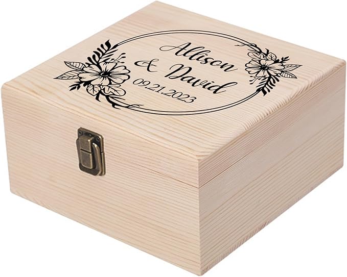 Personalized Wedding Keepsake Box Custom Name Date, Wooden Memory Box Wedding Gift Box for Couples Newlyweds - Customized Gifts for Bridal Shower Anniversary Engagement Christmas