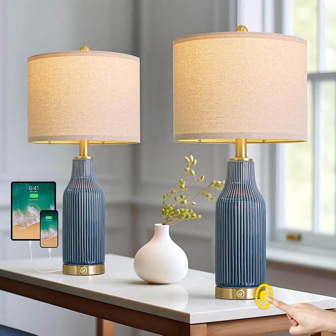 24.5" Modern 3-Way Dimmable Touch Control with USB A+C Ceramic Lamps Set of 2 Table Lamp for Living Room Bedroom Farmhouse Nightstand Bedside Blue