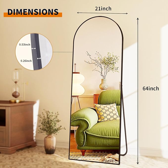 GLSLAND-21x64 inch Arched Full Length Mirror-Aluminum Alloy Frame High Definition-Full Body Mirror for Bedroom or Living Room