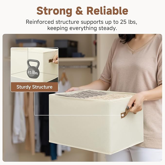 StorageWorks Storage Baskets for Shelves, Foldable Fabric Closet Storage Bins with PU Handles, Fabric Storage Bins Clothes Organizer, Ivory White, 3-Pack, Extra Large