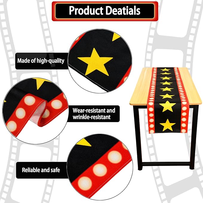 13 x 72 Inch Movie Night Table Runner with Gold Star Design - Movie Night Black Carpet Decoration for Birthday Party Supplies （Black）