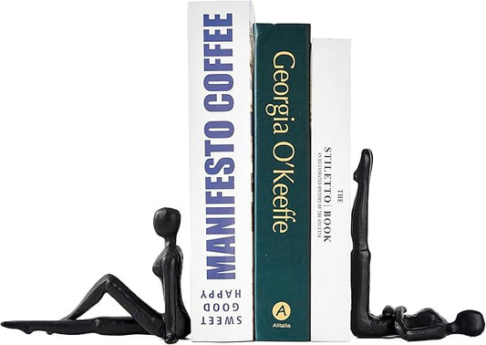 Denique Yoga Black Decorative Bookends, Cast Iron Book Ends to Hold Books, Book Ends for Shelves, Modern Book Stopper for Home Office Desk Decor, 1 Pair/2 Pieces