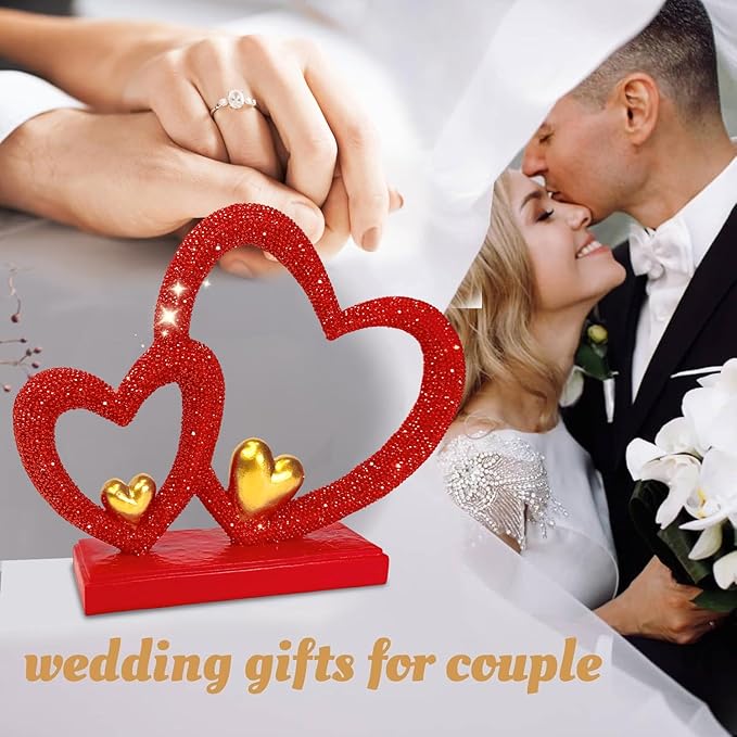 Double Heart Sculpture Valentine’s Day Statue, Faux Beaded Texture with Gold Accents, 7.9" Red Romantic Decor for Shelf, Mantel, Bedroom, Wedding, for Her