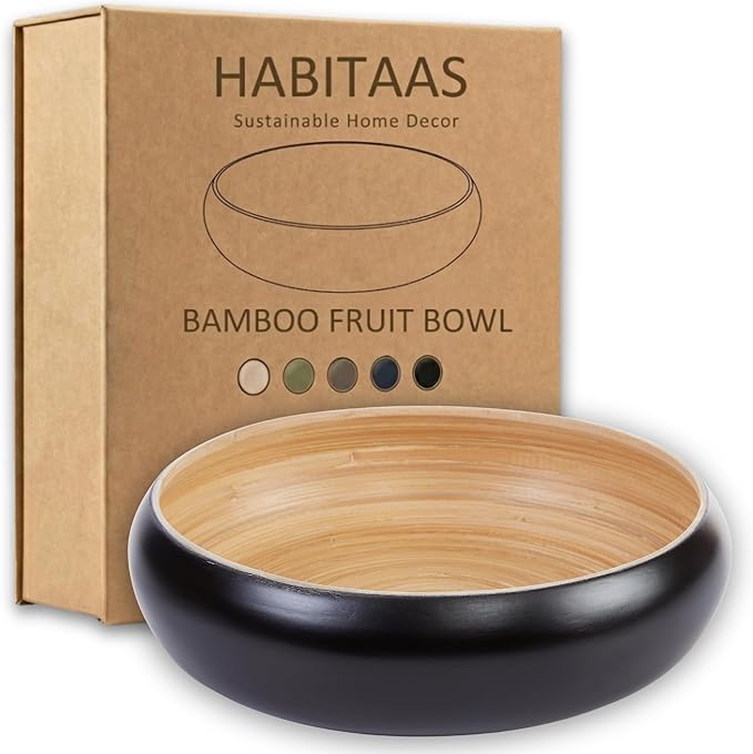 Fruit Bowl For Kitchen Counter, Decorative Bowl, Large Serving Bowl Or Fruit Basket For Kitchen Spun Bamboo (Black)