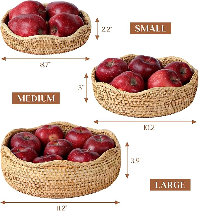 Rattan Scalloped Bread Basket, Round Fruit Baskets, Wicker Storage Bowls, Natural Woven Serving Basket Bowls, Decorative Baskets for Kitchen Counter Organizing, 1 PCS, 11.2 x 11.2 x 3.9 inches