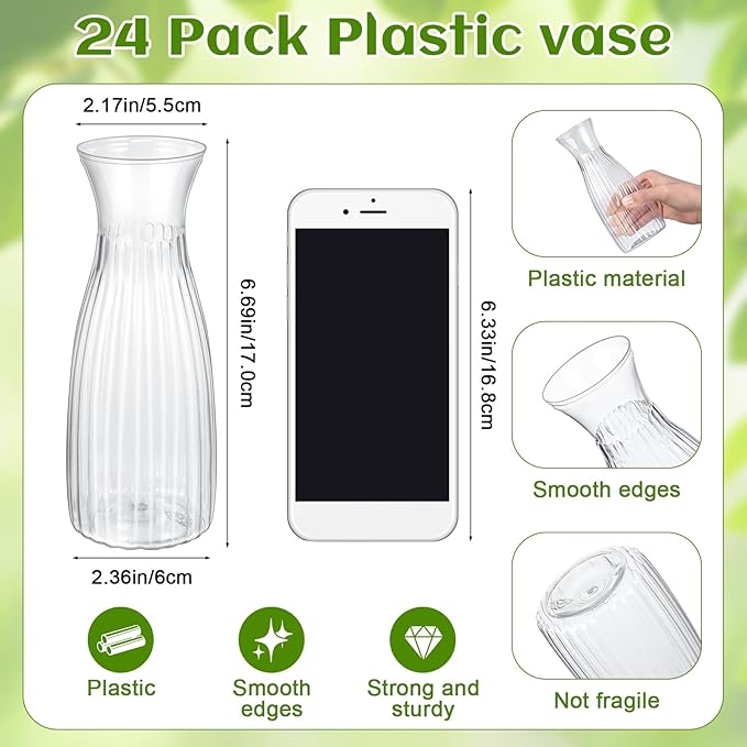 Mumufy 24 Pcs Plastic Bud Vases Bulk Small Clear Container for Flowers Height Shatterproof Bud Vase for Centerpieces Wedding Home Table Decorations Formal Dinners(2.64 x 6.69 Inch)