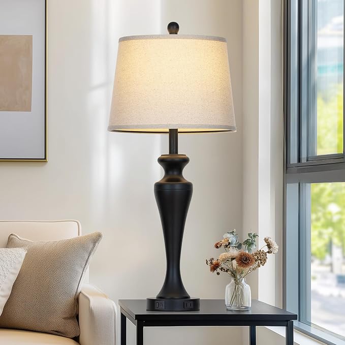 30" Table Lamp Single, 3-Way Dimmable Touch Bedside Lamp with USB A+C Ports and AC Outlet, Tall Living Room Lamps for Side Table, Modern Bedroom Lamp for Nightstand, Black-1PK