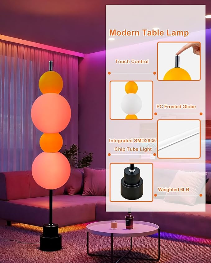 Lightdot RGB& 3000K Floor Lamp with Touch Control, Dimmable Colors Temperature & Brightness, Globe Modern Floor Lamp with Smart Bulb, Yellow Standing Lamps for Living Room