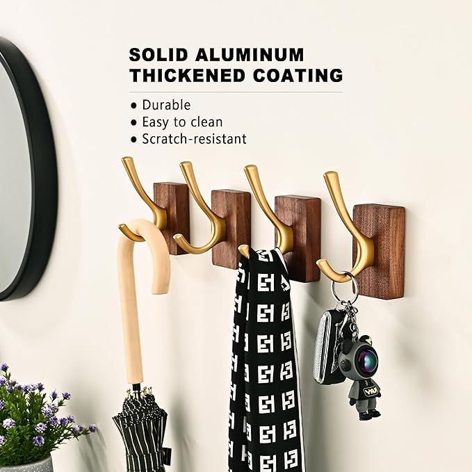 6 Pack Walnut Wood Wall Coat Hooks for Hanging, Adhesive Mounted & Wall Mount Heavy Duty Wooden Double Hook Hanger for Towel Backpack Hat Jacket Clothes Blanket Purse Robe Key Stain Gold Hook