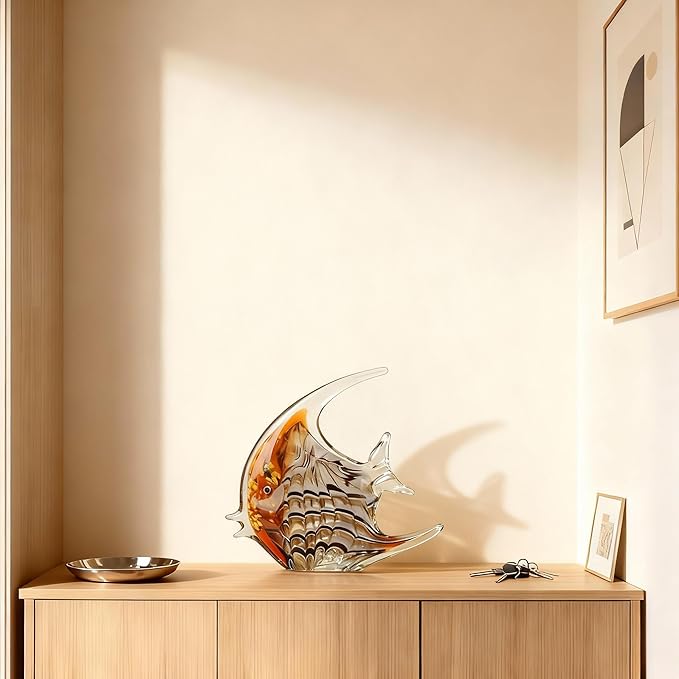 DOVDOV Hand-Blown Glass Fish Decorative Sculpture, Amber Ocean Glass Art Decor, Coastal-Themed Ornament, Suitable for bedrooms, Offices, Coffee Tables, and TV Consoles, Marine Animal Sculpture Art.