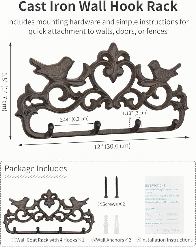 Vintage Cast Iron Wall Mounted Coat Rack with 4 Hooks - Rustic Wall Hook Rack, Farmhouse Key Holder, Heavy Duty Towel Hanger, Decorative Bird & Heart Design, Antique Black-Brown