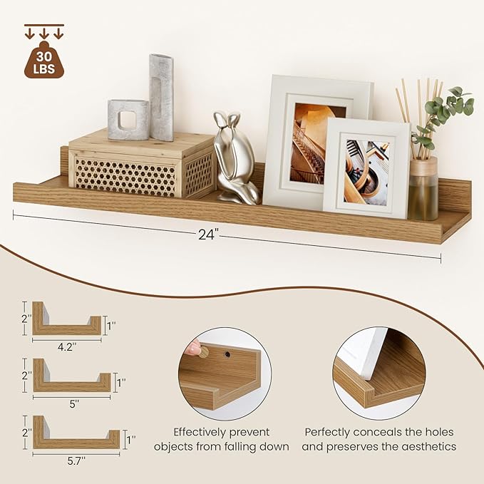 Heimlove Floating Shelves Set of 6, 24" Wall Mounted Picture Ledge, Display Shelf Organizer for Decor Storage, Wall Mounted Shelves for Living Room, Bedroom, Bathroom, Kitchen (Oak)