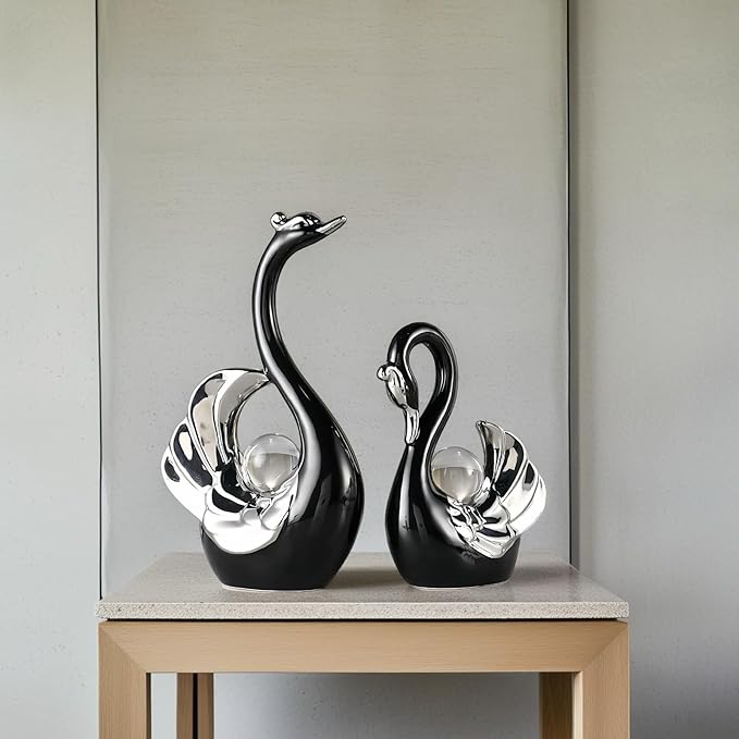 XINDAM A Pair of Swan Figurines Swans Statue with Crystal Ball Model Home Office Display Decorative Craft Living Room Decor (Black)