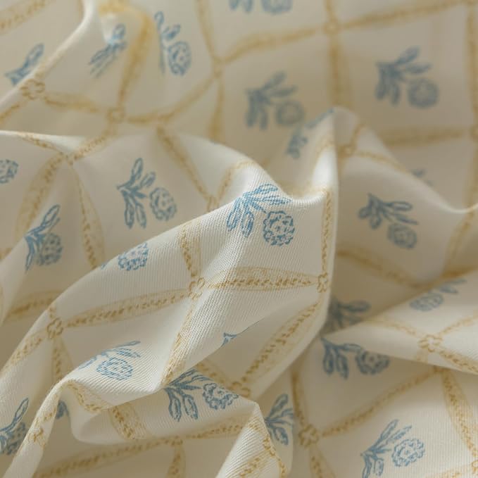 Blue Floral Duvet Cover Full Soft Cotton Garden Style Floral Bedding Comforter Cover Plaid Grid Design Vintage Blue Flower Duvet Cover with 2 Bowknot Pillowcases Botanical Cottagecore Bedding Set Full
