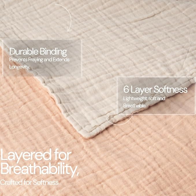 Salt Earth 100% Cotton Muslin Throw Blanket, 50"X60" 6 Layered Gauze Tassel Blanket Throw for Couch, Bed, Living Room, Home, Light Christmas Blanket and Throws for Christmas Gifts (Rose Dust/Moonbeam)